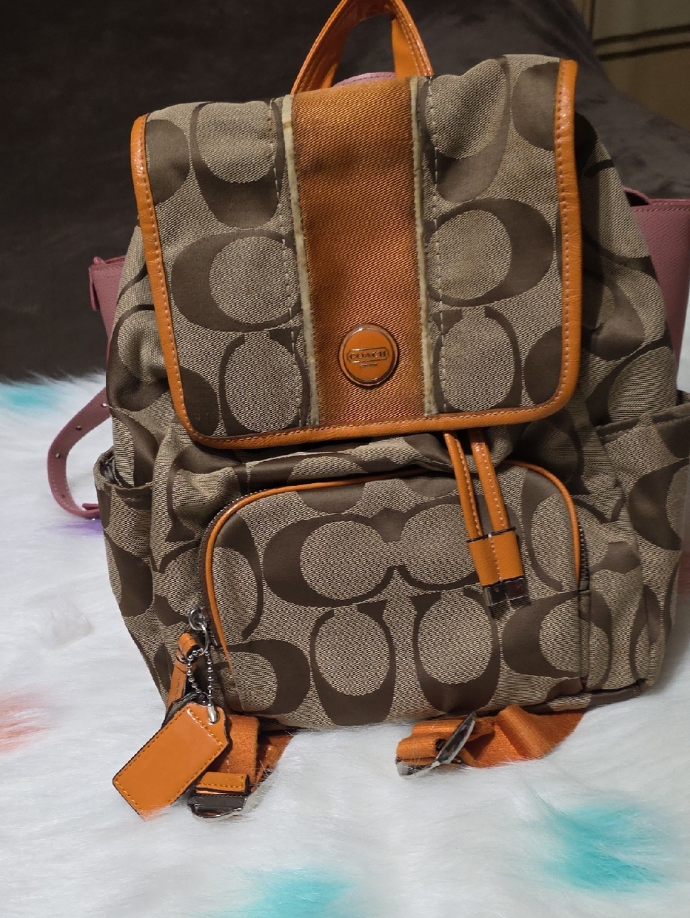 Coach Brown Signature Canvas Backpack with Tan Leather Trim Pls. See The Photos
